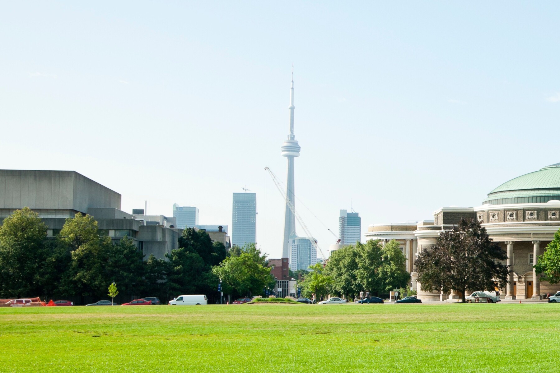 view of st george campus towards CN tower, with Medical Sciences Building and Convocation Hall