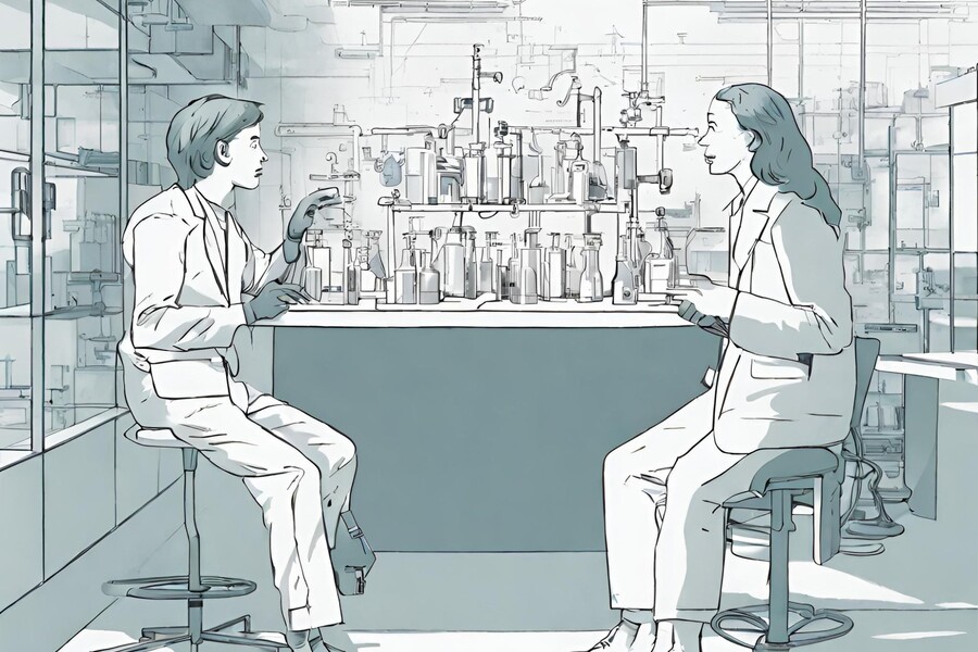 drawing of two people in a lab having a conversation