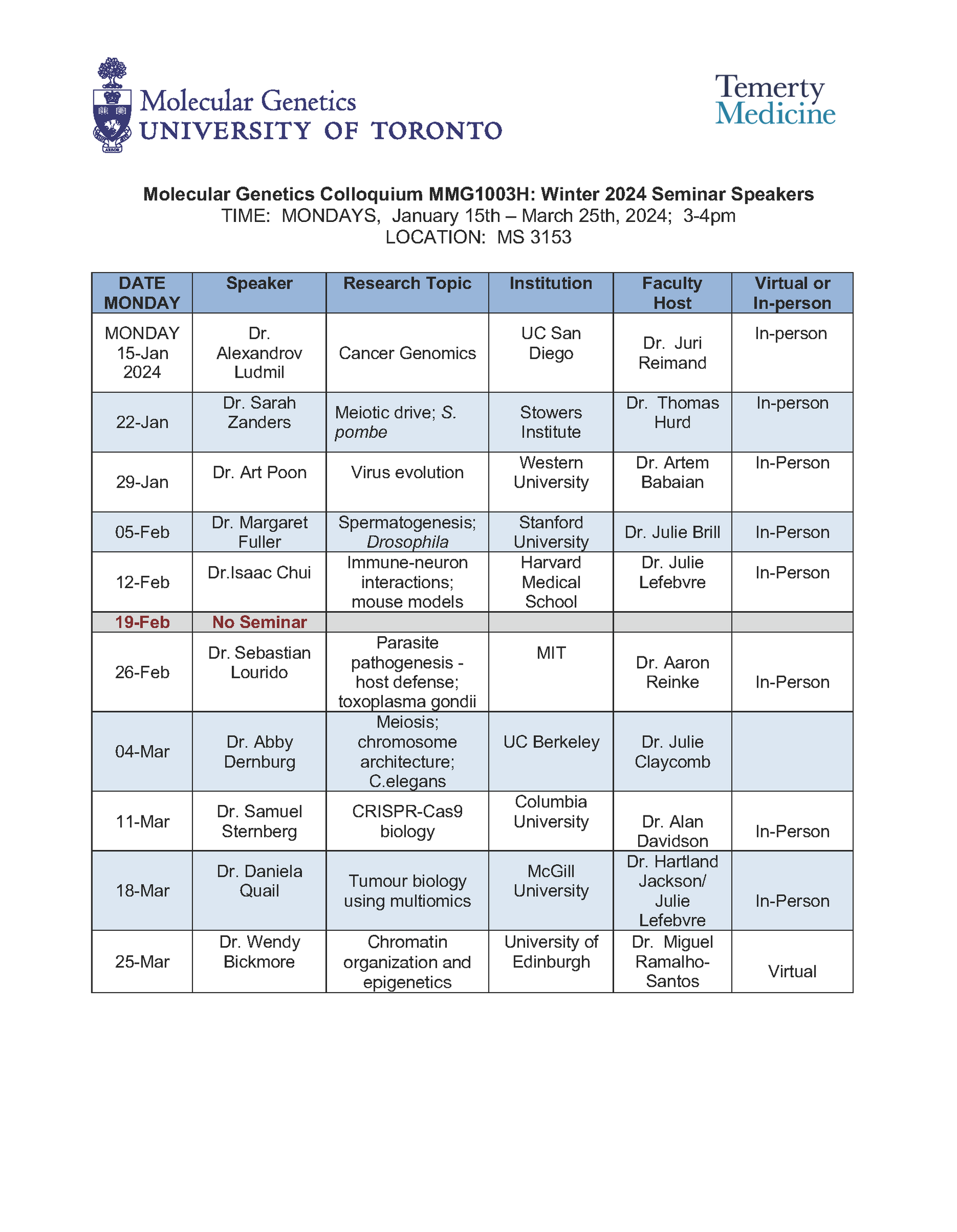 Schedule for Molecular Genetics Colloquium Seminar Speakers 2024