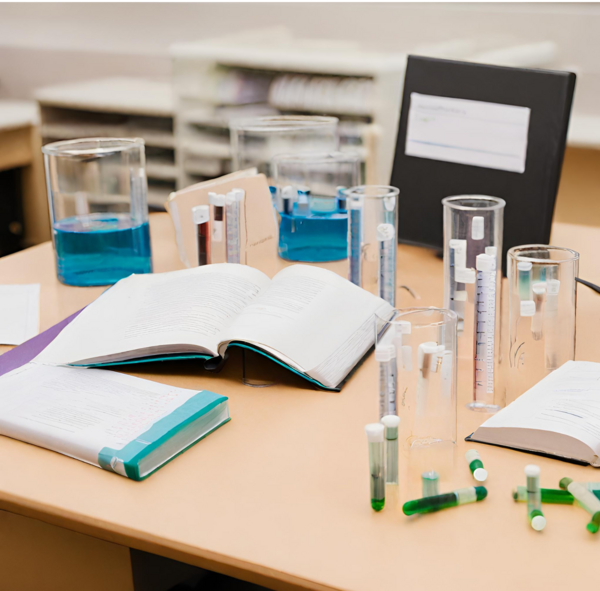 Books with test tubes on a lab desk