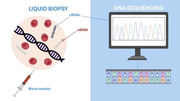 image of a syringe with red blood, red blood cells and DNA, as well as a screen that shows DNA sequences